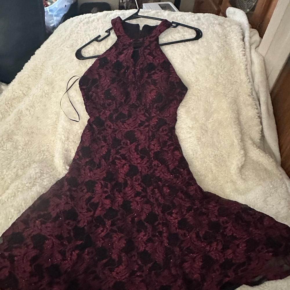 Morgan & Co. Burgundy Backless Lace Dress